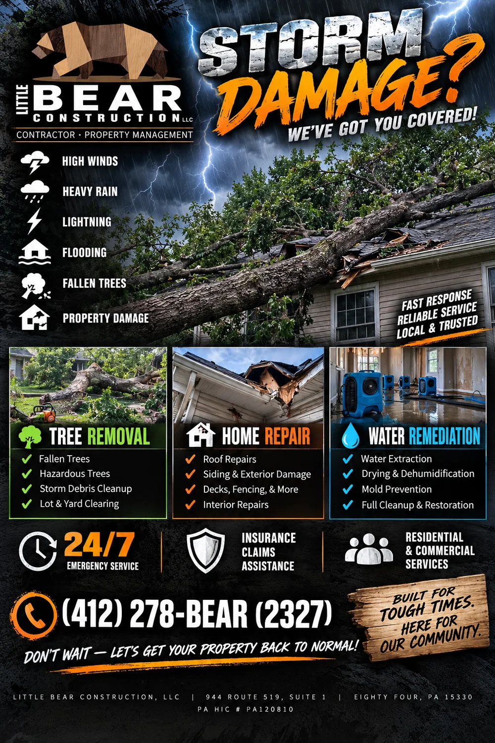 Storm damage, tree removal, home repair and water remediation services